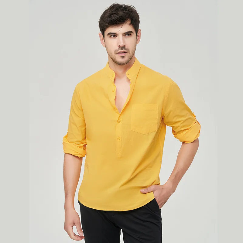 

Loose Fit Cotton Long Sleeve Shirt Stand Collar Color No Ironing Needed Men's Casual Style Spring 2024 Cross-Border Design