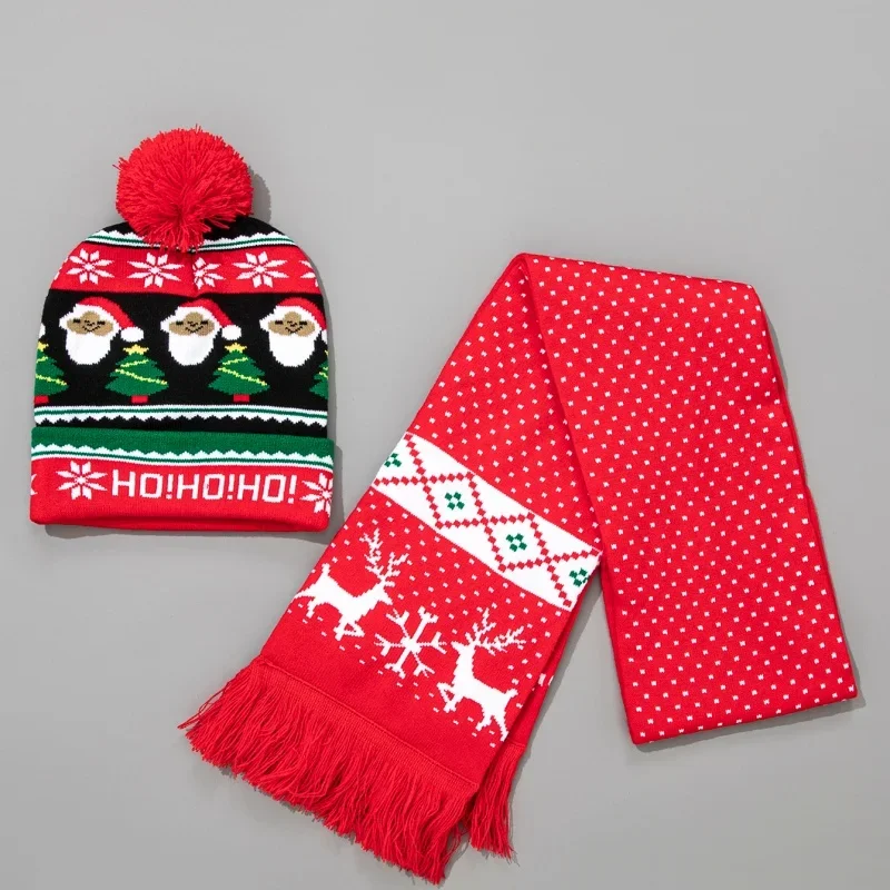 قبعة عيد الميلاد، قبعة وشاح محبوكة شتوية دافئة اللون، هدية عيد الميلاد للعام الجديد، ديكور الحفلات، قبعة دافئة ومجموعة وشاح