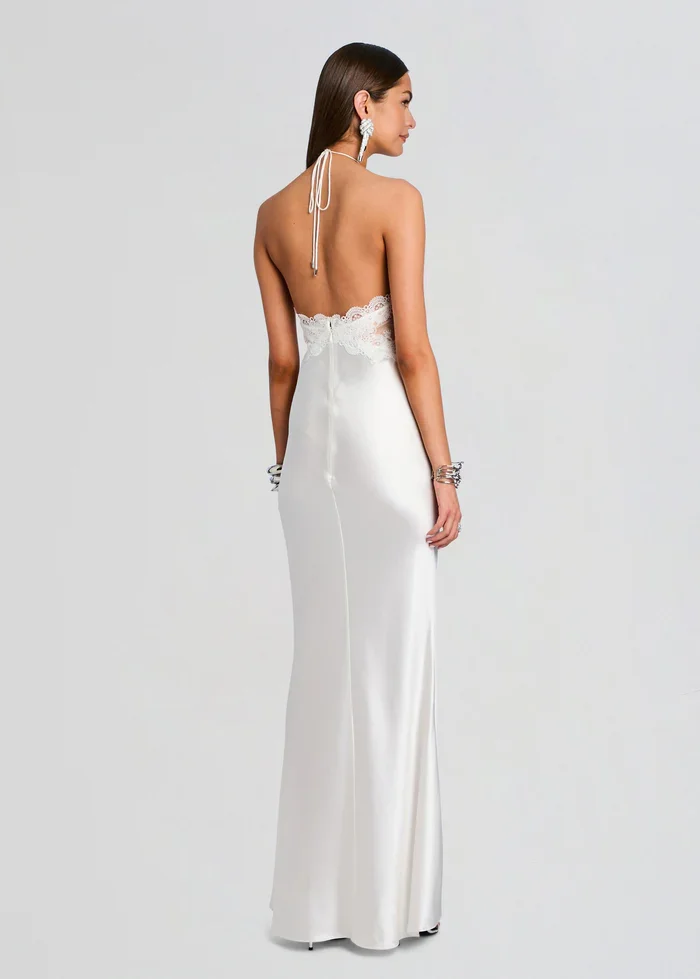 Elegant Lace Halter Neck Maxi Dress High Quality Lace Appliques Patchwork Satin Backless Zipper Evening Party Prom Dresses