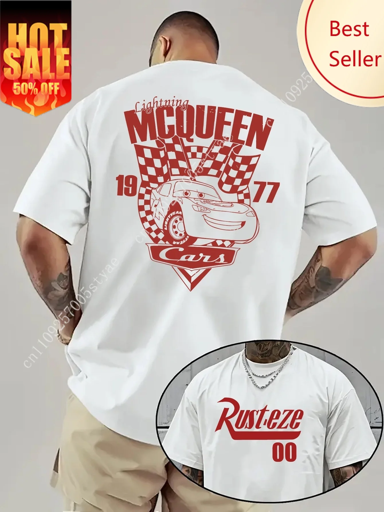 

Summer Men's Disney Cars Lightning McQueen T-Shirt Daily Leisure and Theme Activities Wear Unisex Cotton Short Sleeve Oversized