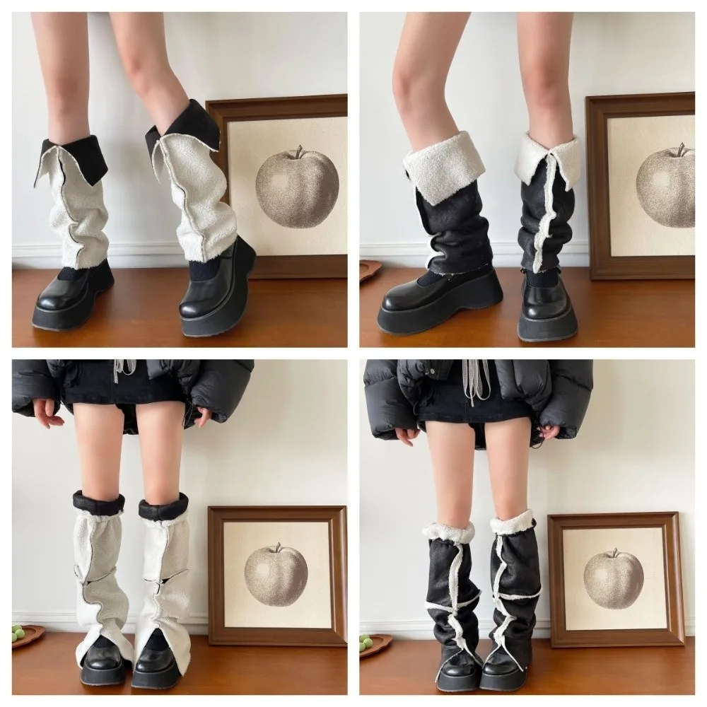 Y2K Thickened Suede Leg Warmers Mid-calf Wind Protection Foot Cover Turn-down Collar Design Warm Boots Cover Women