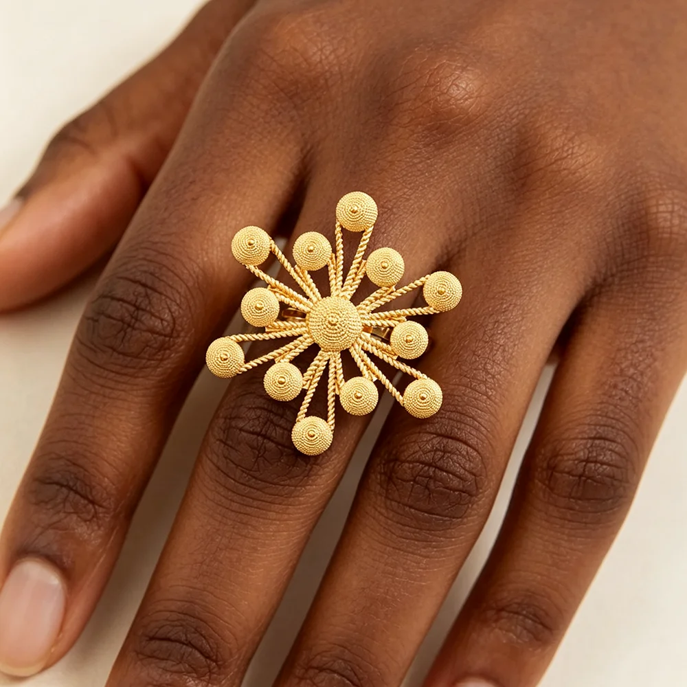 Luxuriöses 18K vergoldetes, strukturiertes, perlenbesetztes Sternen-Feuerwerk-Ohrringe- und Ring-Set für Damen, Hochzeit, Party, Brautgeschenk – Detail 7