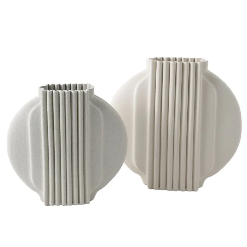 Modern new Chinese 3D printing ceramic beige oblate vase ornament model room hotel store flower arrangement device
