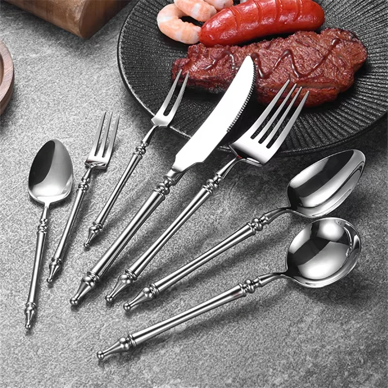 Retro Roman Column Stainless Steel Silverware, Mirror Polished Western Tableware Steak Knife Fork Spoon