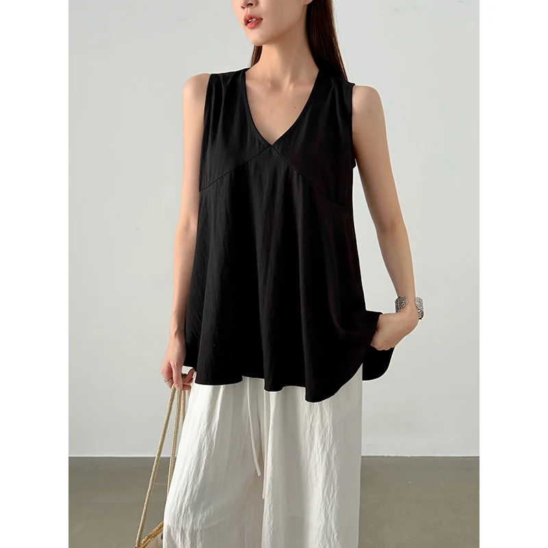 

Simple V-neck Loose Sleeveless Black Irregular Vest Top Women Summer Basic French Elegant Office Lady Top
