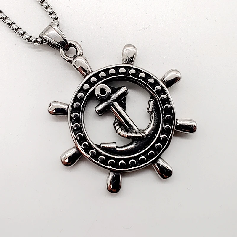 

Stainless Steel Vintage Silver Color Anchor & Rudder Pendants Necklaces Hip Hop Punk Men Ocean Anchor Necklace