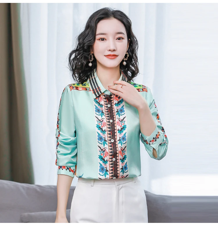 FANIECES Vintage Print Satin Women Shirt Fall Long Sleeve Lapel Button-up Blouses Elegant Tops Office Lady camicie e camicette