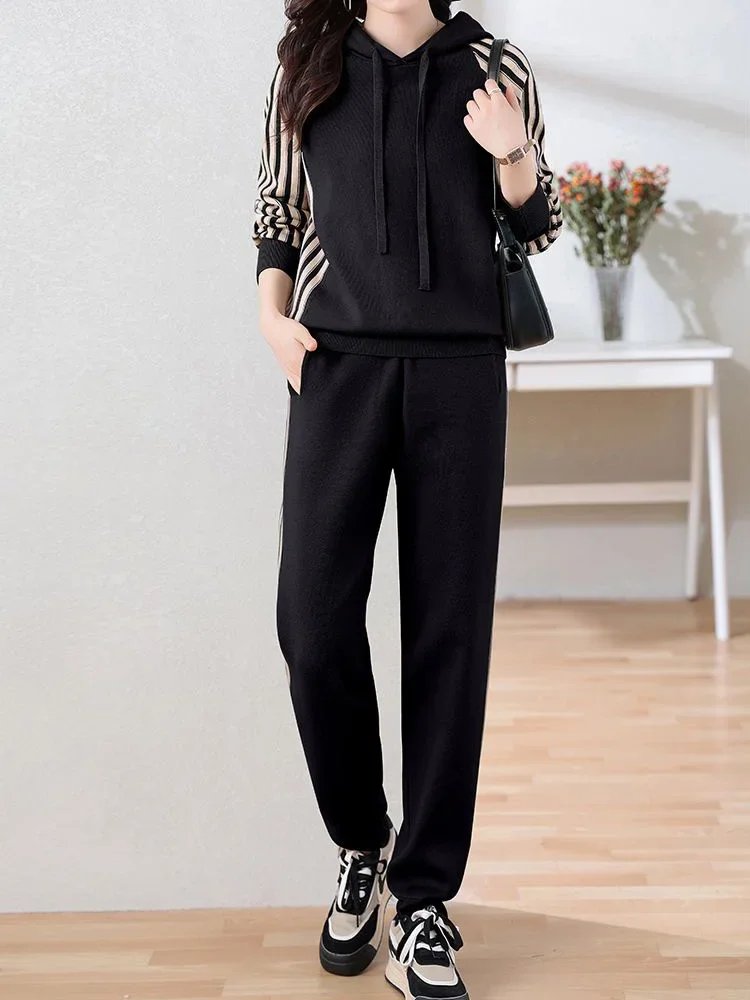 Casual Striped Hooded Knit Sweatshirt 2 Piece Set Women Casual Pullover Tops Tracksuit Baggy Running Wear Jogger Pants Conjuntos