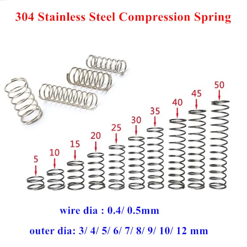 10pcs Wire Diameter 0.4mm 0.5mm 304 Stainless Steel Pressure Spring Compressed Spring Compression Spring