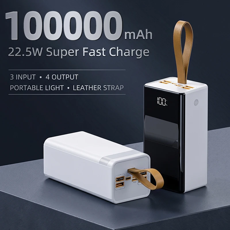 100000mAh tragbare Powerbank, 22,5W schnelles Laden, tragbares Ladegerät, gleichzeitiges Laden von 7 Geräten, LED-Digitalanzeige, integrierte Taschenlampe mit Tragegurt, Akkupack mit hoher Kapazität,