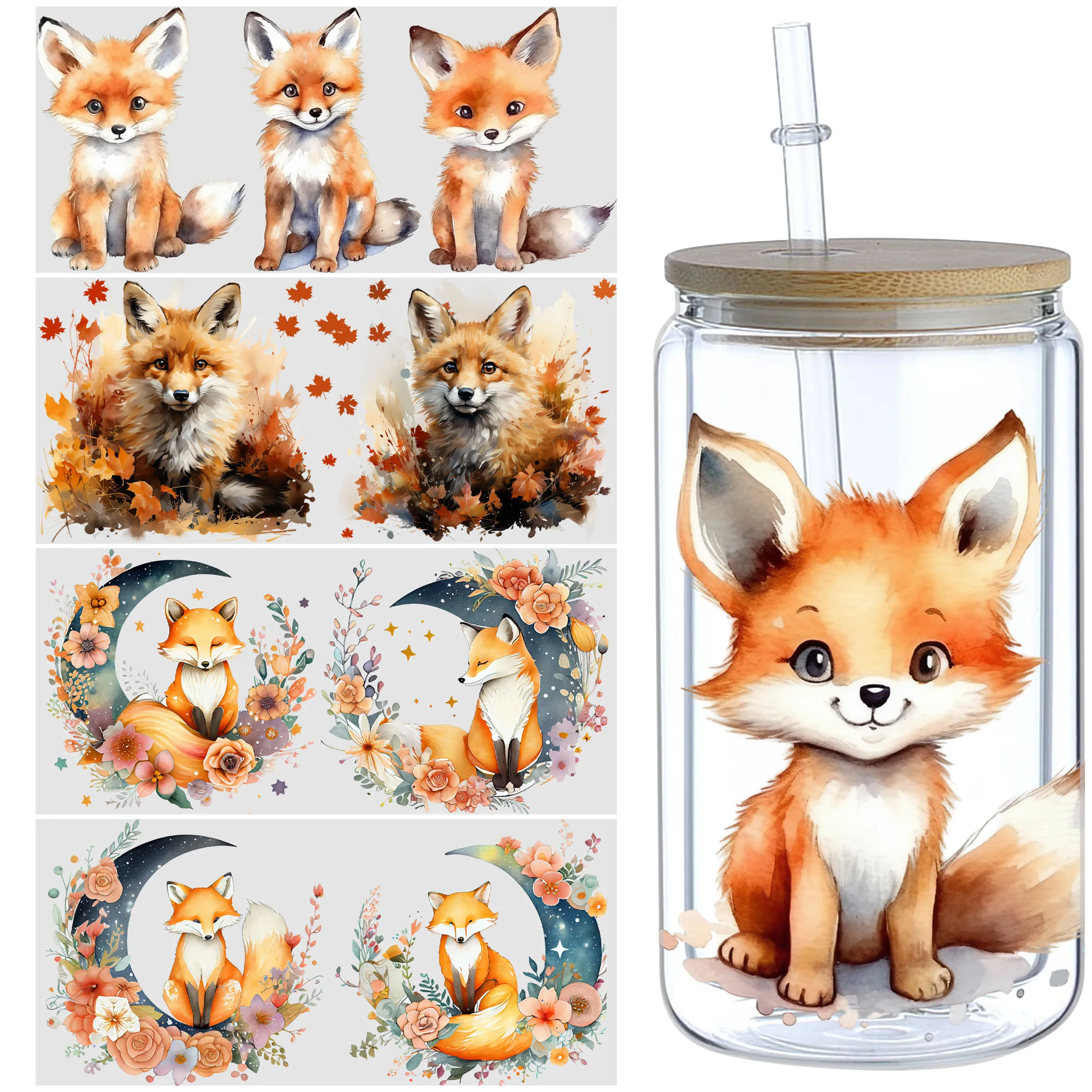 5 Sheets Fox UV DTF Mug Stickers, Glass Sports DTF Transfer Stickers, Waterproof Cute Fox Wipe-On Transfers for 16 oz Glass,Mugs