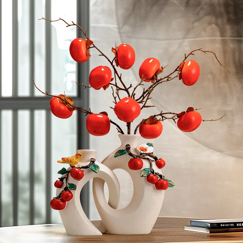 

Creative Hollow Carved Resin Vase, Home Decoration, Simulated Fruit Persimmon, Living Room Flower Arrangement Container