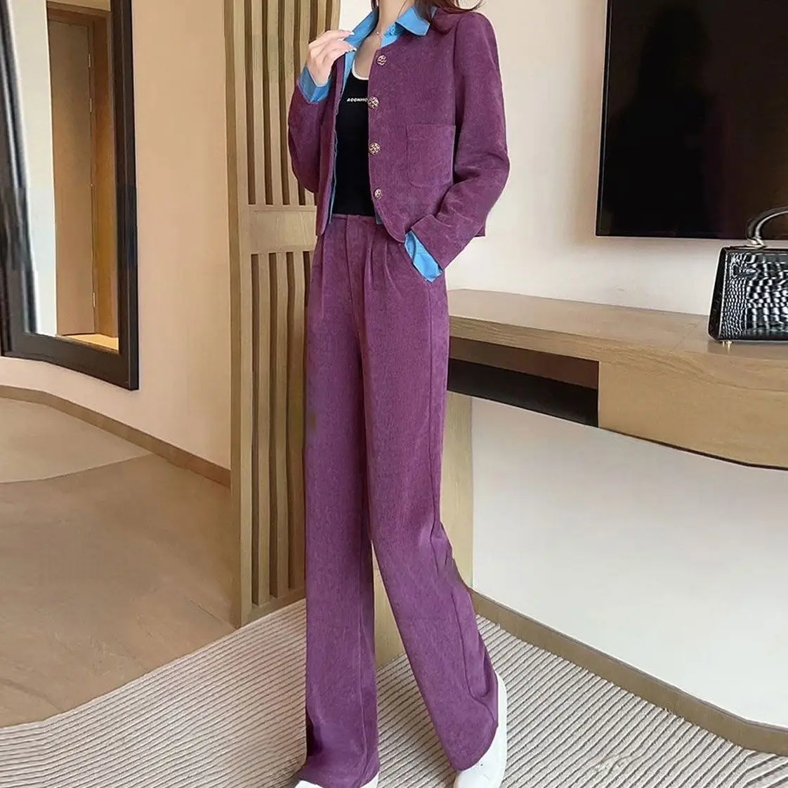Women's suit set 2024 spring and autumn new fake two-piece polo collar top+loose wide leg pants two-piece set