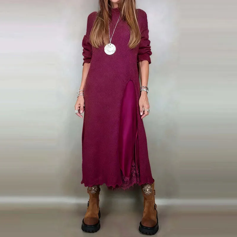 

Forest style casual loose suit long side slit sweater paired with lace skirt set artistic retro style dress set