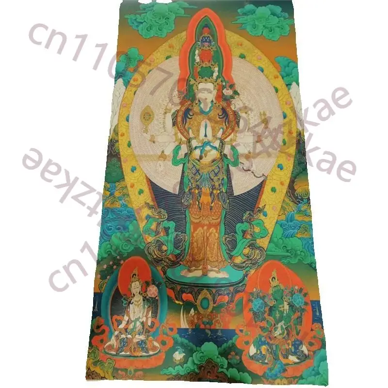 

Тибетская тонкая танка с изображением Трех Святых Запада, ручная роспись, на крафтовой бумаге, старинная.