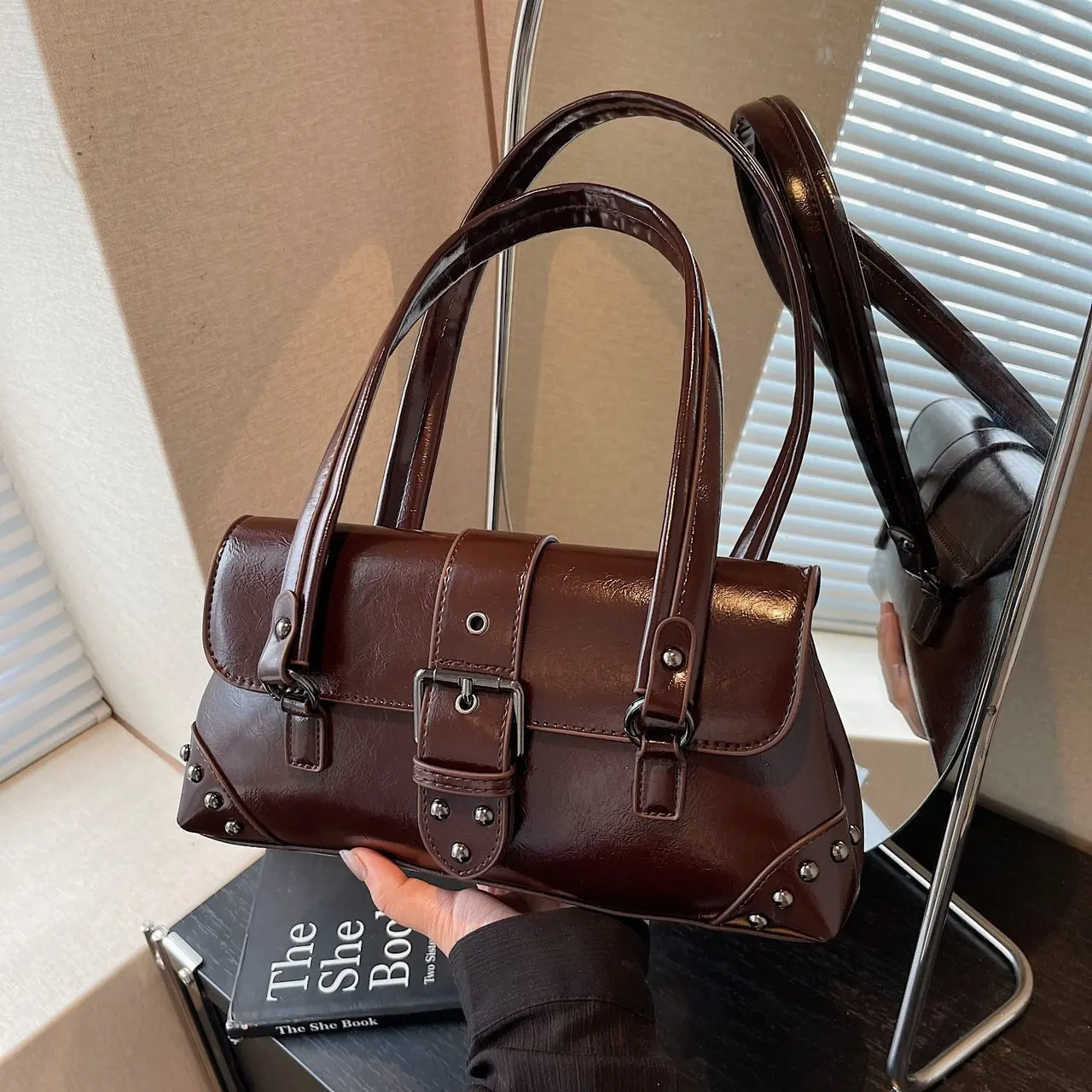 

Women's Casual Rivet Tote - Trendy Versatile Shoulder Crossbody Underarm Statement Bag