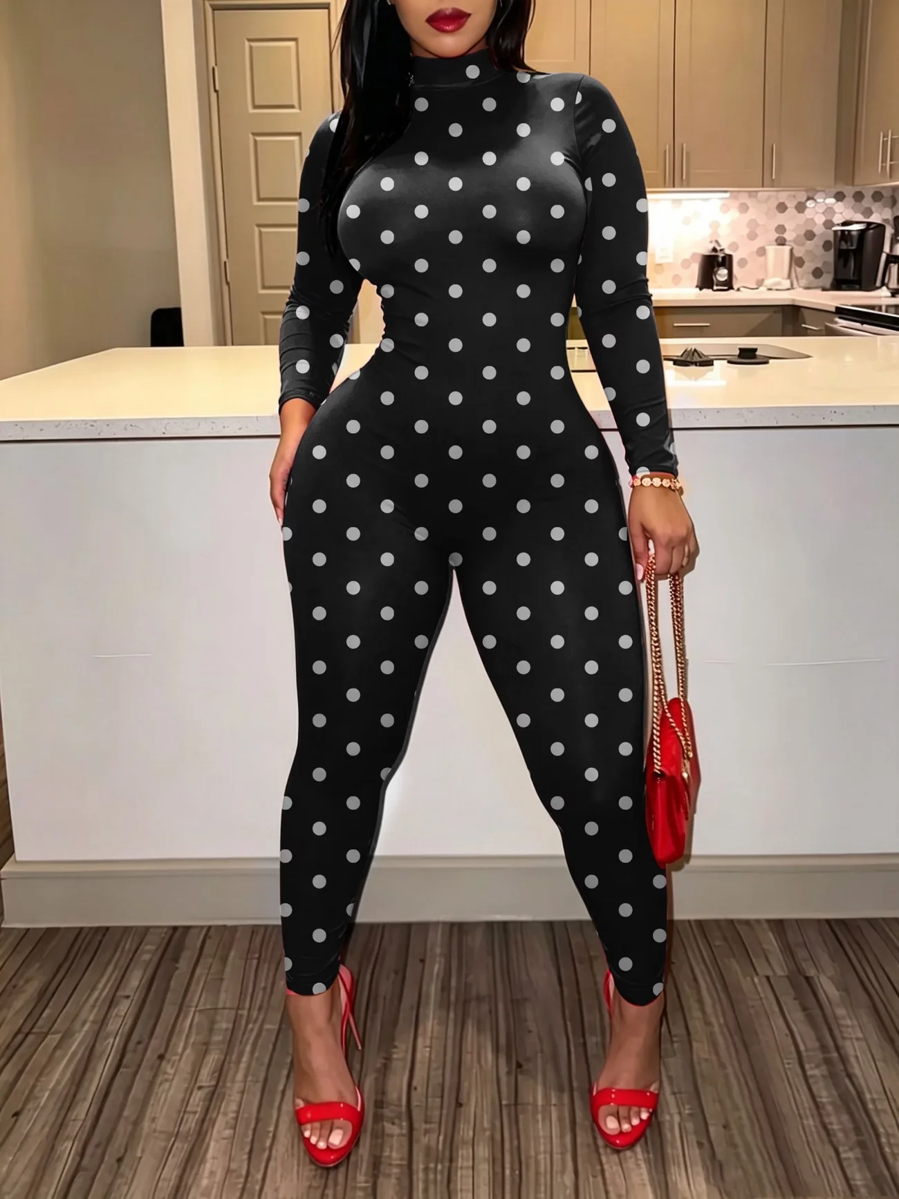 STYLISH LADY Polka Dot Print Jumpsuit 2026 Women High Neck Long Sleeve Slim Fit Bodycon Club Party One Piece Outfit