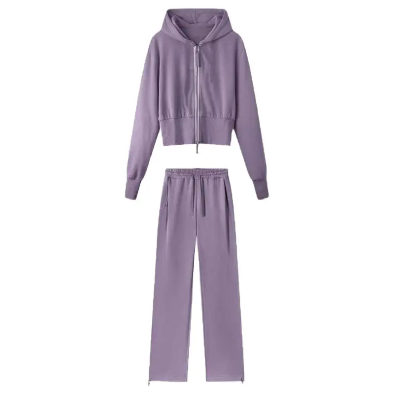 Women\'s Spring Autumn Sporty Style Purple Clothing Set Lady Casual Hooded Sweatshirts Coat Wide Leg Pants Outfits Tops Trousers