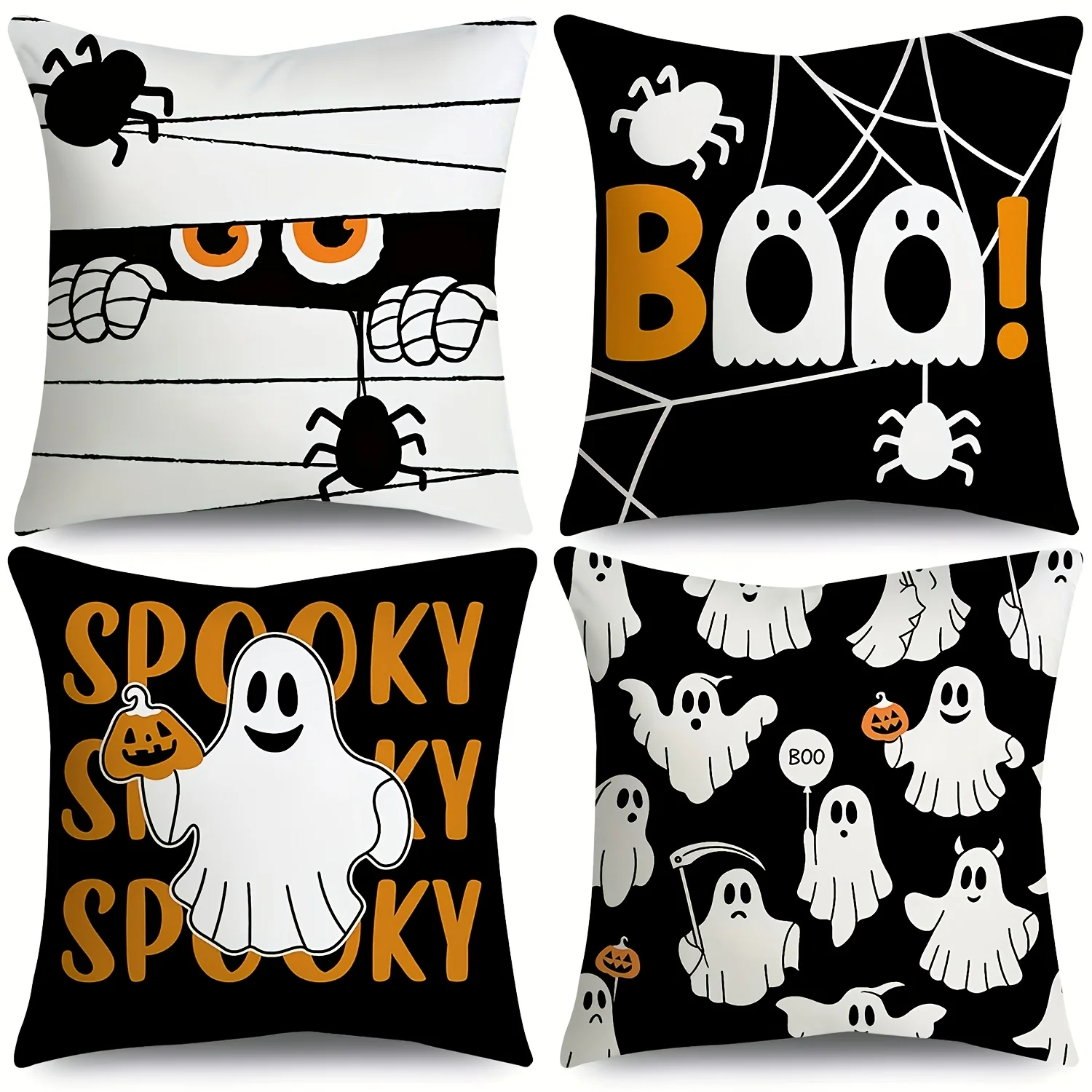4pc Halloween Spooky Ghost Throw Pillow Covers Boo Mummy Spider Holiday Sofa Cushion Cases for Home Decor