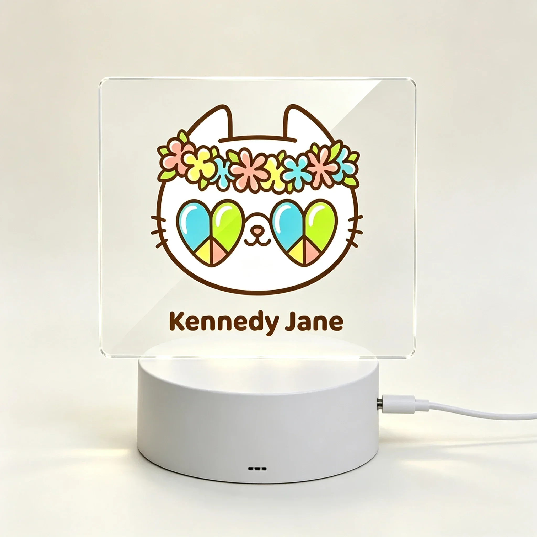 Custom Name LED Acrylic Night Light, Cute Cat With Flower Wreath Heart Sunglasses USB Touch Lamp Kids Bedroom Gift