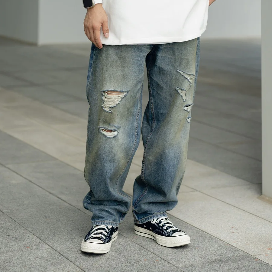 

Мужские винтажные джинсы свободного кроя из плотного хлопка с эффектом потертости, средней посадки, на молнии, для повседневной носки, с низкой посадкой и перекрестными штанинами