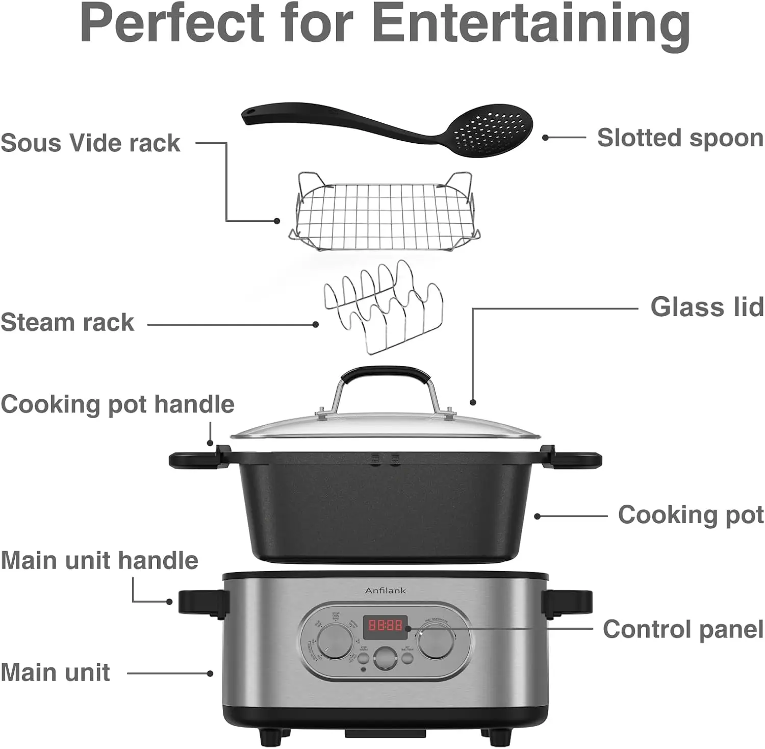 طباخ بطيء قابل للبرمجة 10 في 1 مع مؤقت، وعاء فخار سعة 6.8 لتر، إعدادات مسبقة لـ Sous Vide، خبز، Sauté، طبخ الأرز والمزيد، غير لاصق D