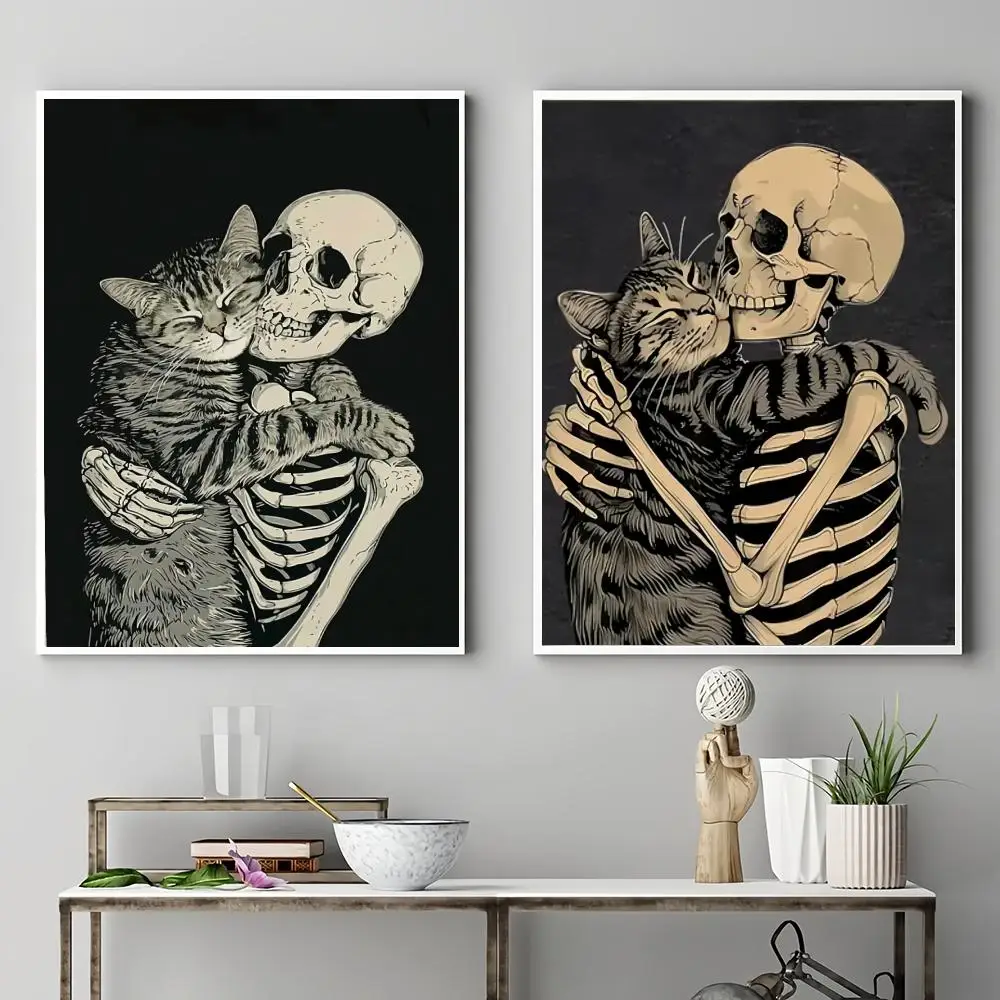 Skeleton Hug & Kiss Cat Poster, Dark Aesthetic Pet Love Stickers Wall Art Print For Cat Lover Home Decor Poster HD