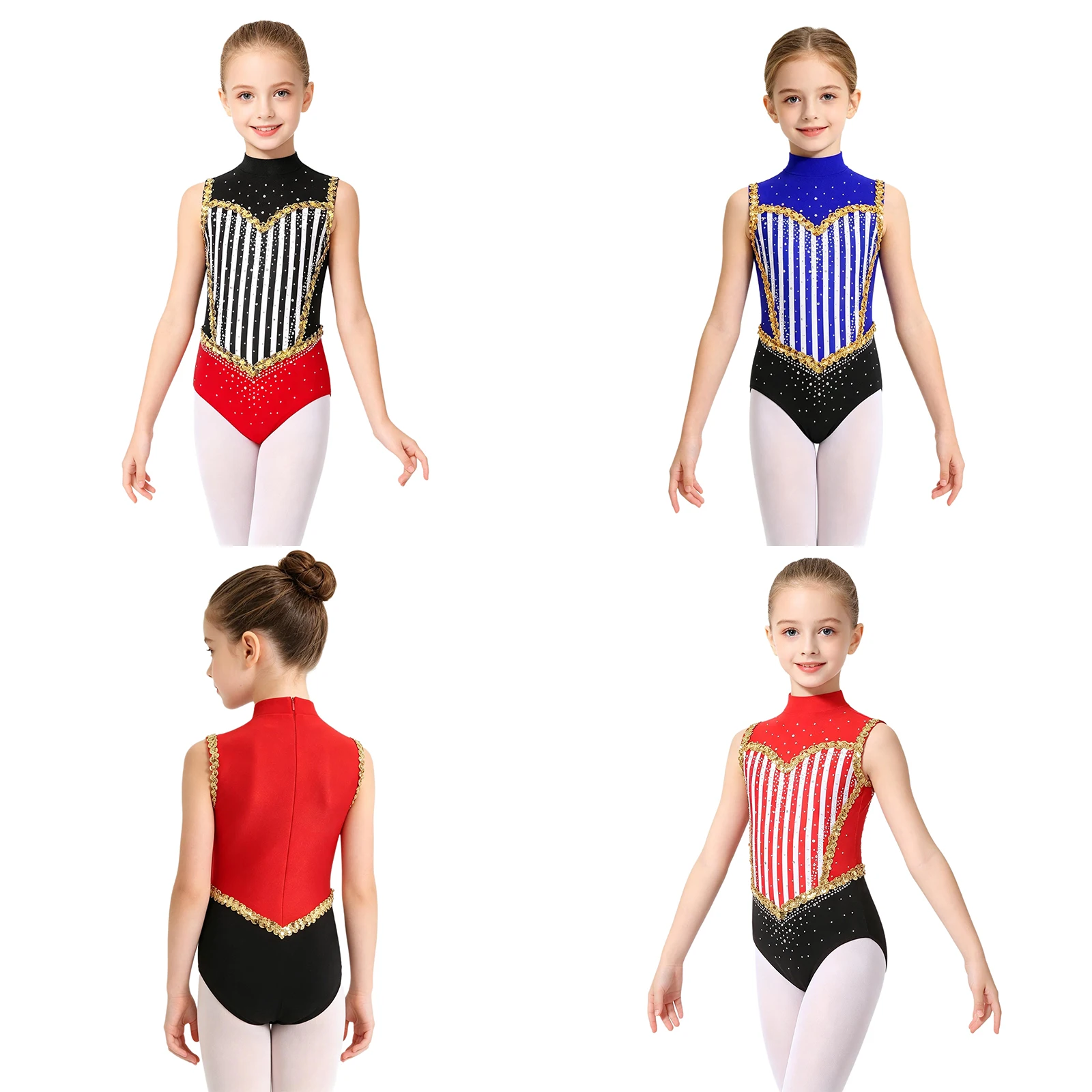 Kids Girls Circus Ringmaster Costume Cosplay Party Bodysuit Glitter Sequins and Rhinestones Leotard for Figure Skating Dancewear