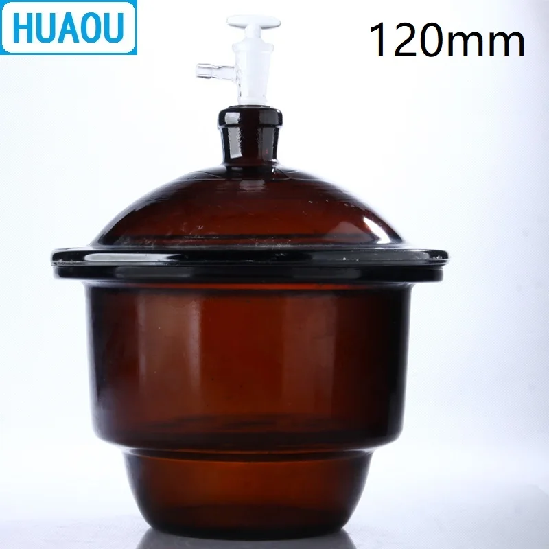 HUAOU 120mm Vacuum / Normal Desiccator Transparent / Brown Glass with Ground - In Stopcock Porcelain Plate Lab Drying Equipment