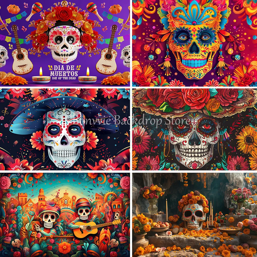 

Bonvvie Mexico Day of Dead Background Skull Candle Dancer Dia De Los Muertos Dress-up Party Photography Decor Supplies Banner