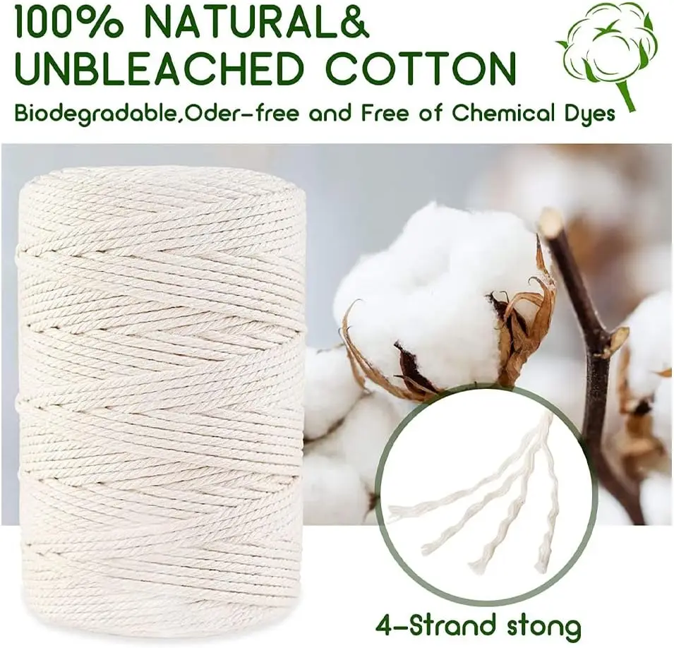 100% Natural Cotton Macrame Cord 4mm Macrame Rope Craft Cord for DIY Crafts Knitting Plant Hangers Christmas Wedding Décor Beige