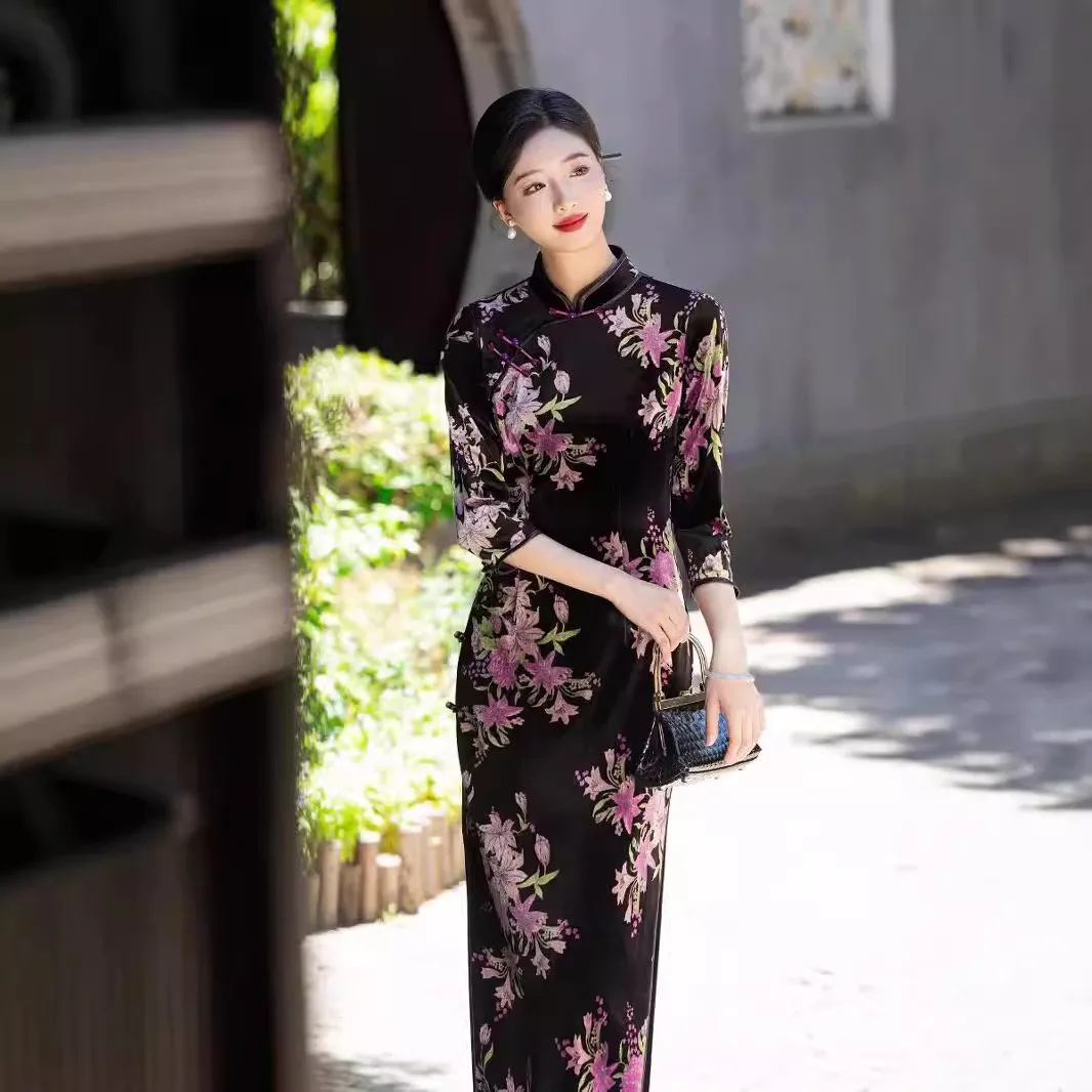 Velour Floral Pring Long Qipao Women Autumn Winter New Cheongsam Dress Chinese Traditional Evening Wedding Banquet Dresses 5XL