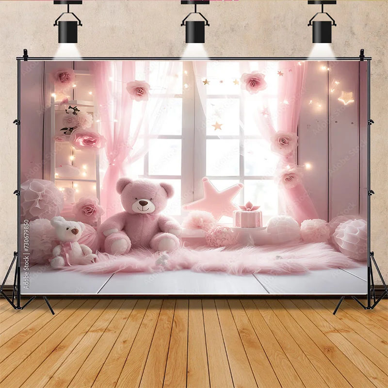 Pink Bear Digital Background for Baby Birthday Cake Smash Studio Photography Backdrops with Pastel Pink Star Background TD-04