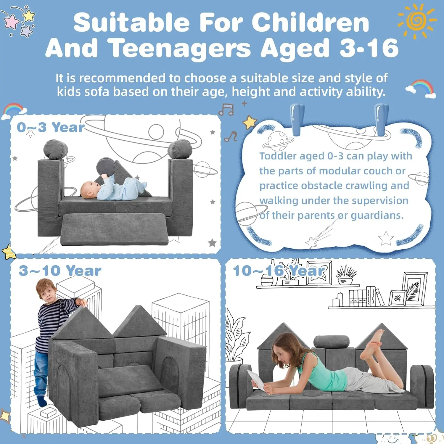 Conjunto de sofá infantil modular com 28 blocos de espuma para construção DIY, dobras e jogo de sofá em cinza escuro