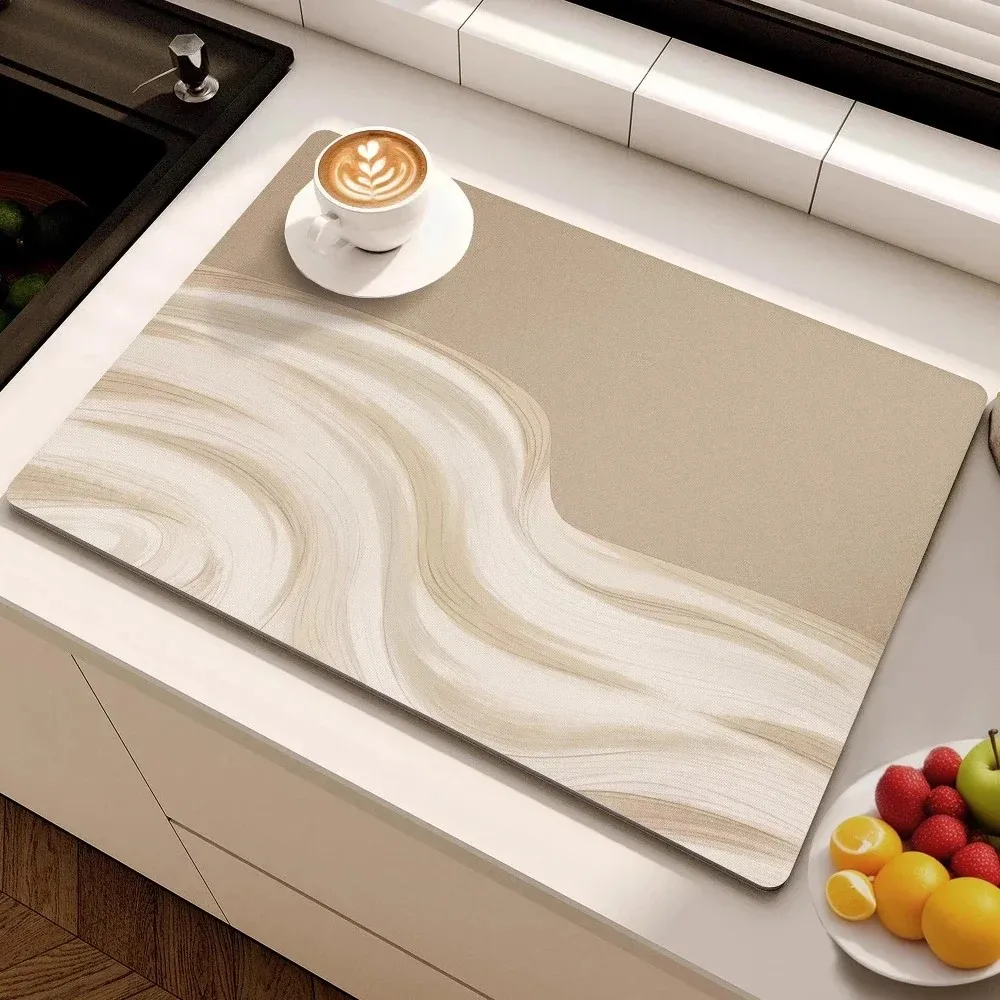 VIKAMA Khaki Liquid Marble Kitchen Drying Mat, Luxury Ins Style Water Absorbent Non‑Slip Countertop Mat