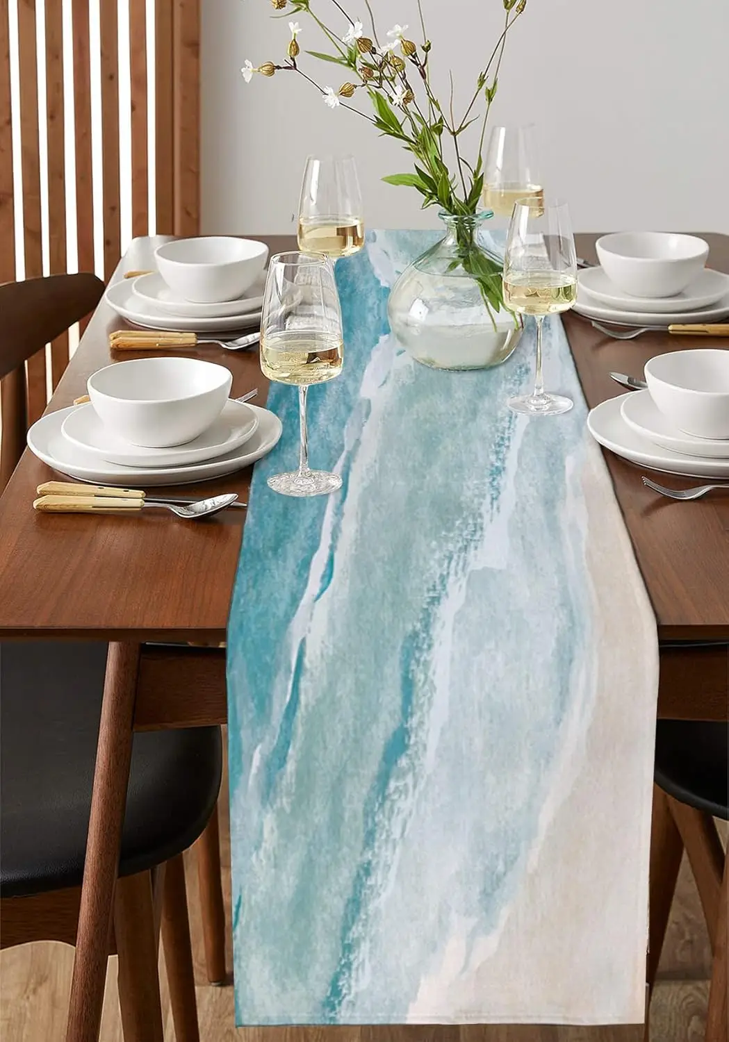 الشاطئ الساحلي الأزرق الكتان الجدول عداء مضمد وشاح ديكور للطاولات الصيف المطبخ طاولة طعام عداء المحيط موجات البحر ديكور الحفلات