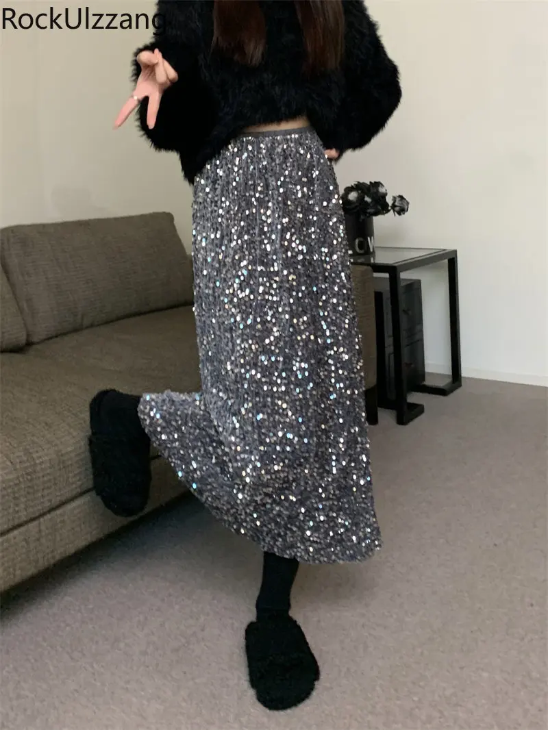 

Fleece Warm Midi Long Skirt with Bling Bling Sequin Silver Black Elastic Waist Skirts Fall Winter Spring Women korean fashion