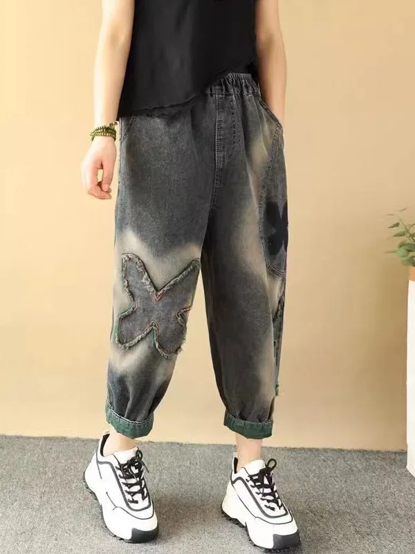 

Джинсы в стиле ретро Four Le с цветочным принтом, женские весенне-осенние новые свободные брюки большого размера с манжетами и девятью точками Har Har Har Har