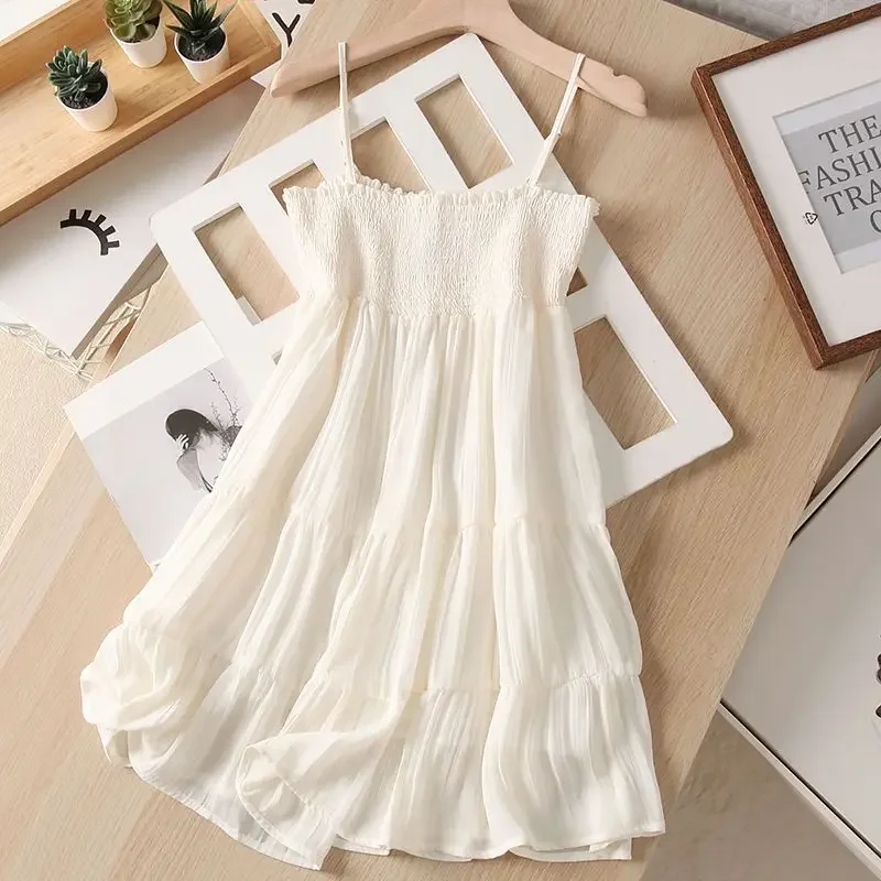 White Spaghetti Strap Dresses Women French Style Backless Hotsweet Mini Casual Holiday Summer Female Temperament Ruffles Chic