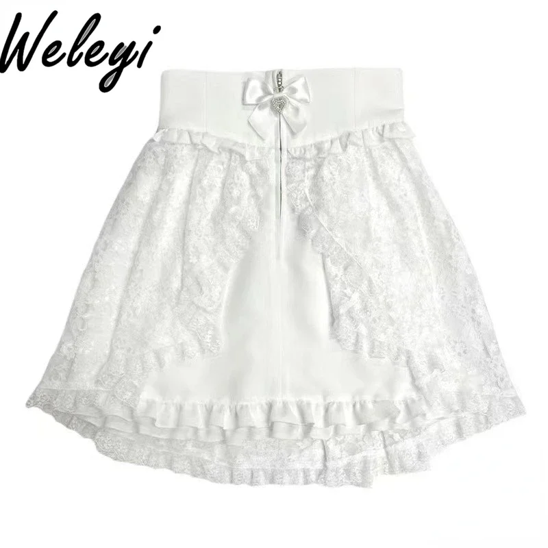 Japanese Style Lace Bow White Skirt Summer Ropa De Mujer Mine Series Mass Produced Sweet All Matching Zipper Faldas Para Mujeres