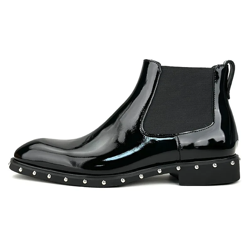 Designer Pointed Toe Chelsea Boots Men's Shoes Handmade Metal Rivets Cowhide Slip on British Trendy Business Work Boots Male