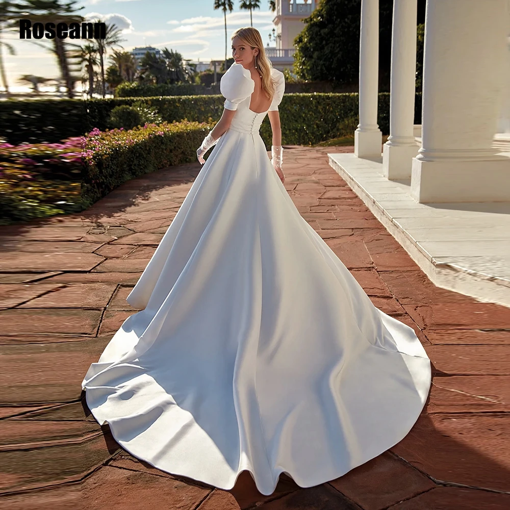 Robe de Mariée Simple en Satin, Col Carré, Manches Bouffantes, Élégante, Fermeture Éclair au Dos, Ligne A, pour Princesse, 2024