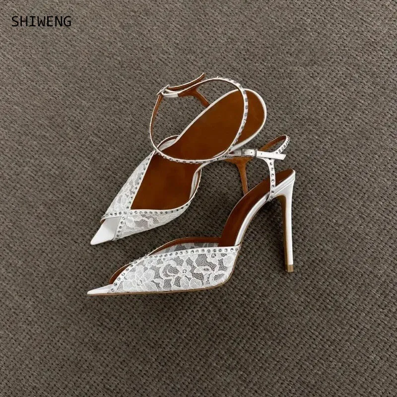 

2025 Women Fashion Sandals Mesh Rhinestone Lace Hollow Pumps Stilettos Summer Thin High Heel Single Shoes Sandals 44