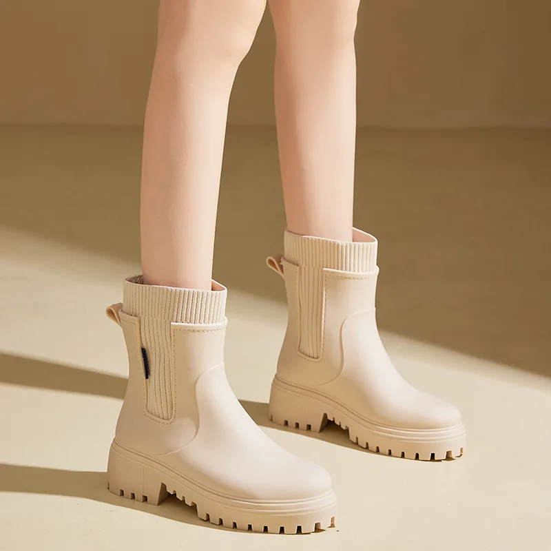 

Women's Four Seasons Fashion Outdoor Rain Boots Mid Calf Shallow Round Toe Boots Waterproof Non-slip Rain Boots zapatos de mujer