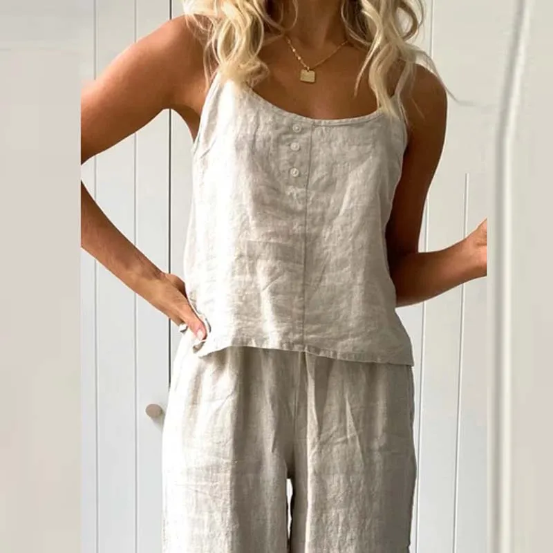 Summer Pajamas Set Women Sexy Home Clothes Sleepwear Tank Top Suit With Long Pants Spring Solid Soft Cotton Linen Female Outfits