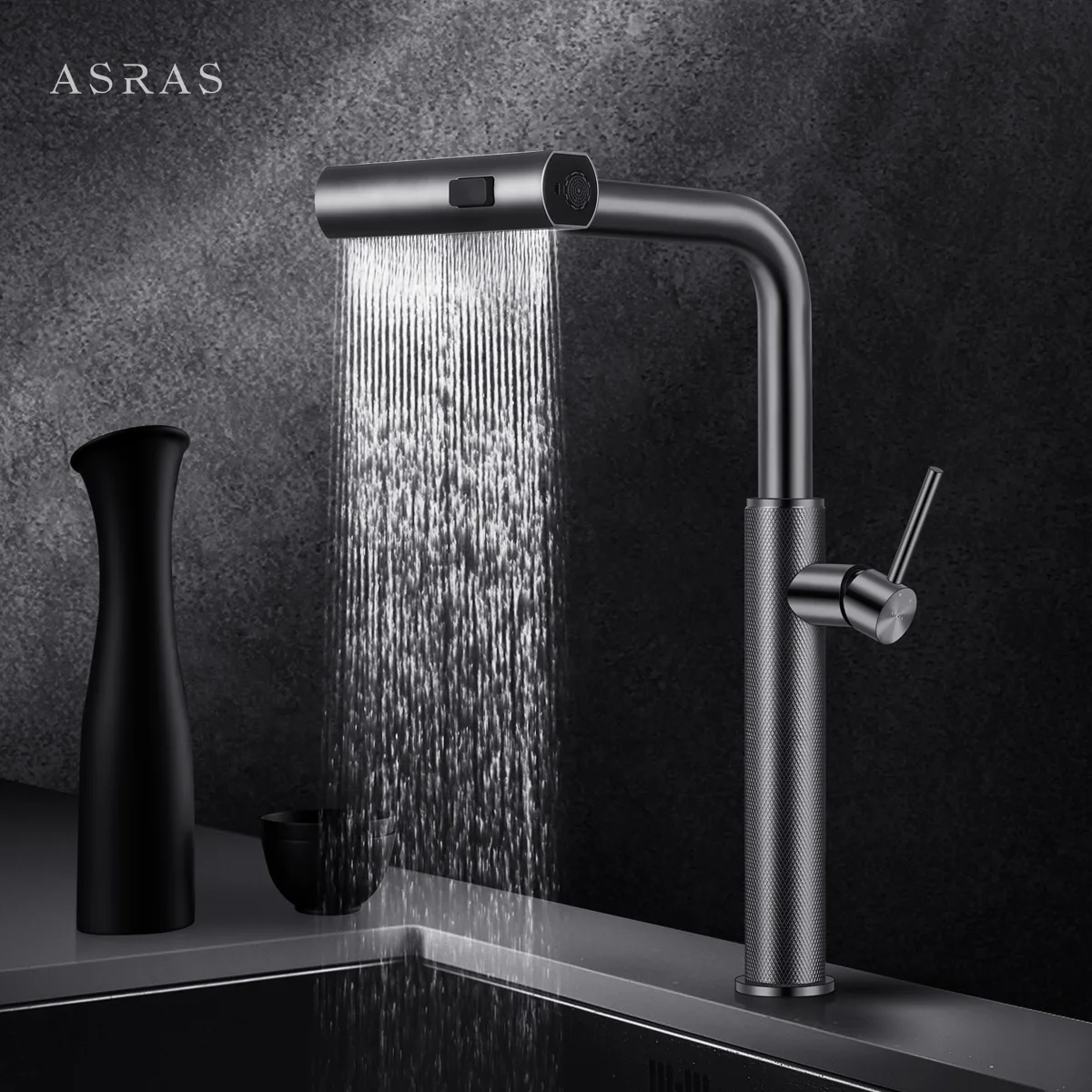 

ASRAS Black Kitchen Faucets Gray Pull Out Rotation Waterfall Stream Sprayer Head Sink Mixer Brushed Nickle Water Tap Accessorie