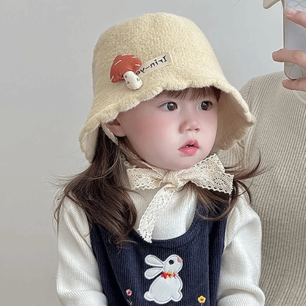 

Soft Kids Warm Knitted Hat Solid Color Mushroom pattern Curled Fisherman Cap Lacing Up Windproof Baby Bucket Hat