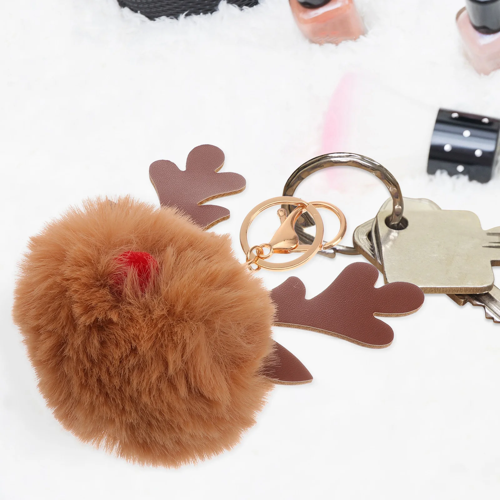 

2Pcs Christmas Elk Keychain Soft Ball Charm Key Holder Pendant for Bag Car House Keys Cute Gift for Girls Women