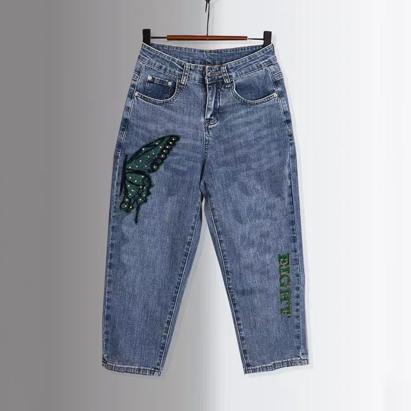 Seven point jeans, women's loose and thin summer 2024 new quarter pants, hot diamond butterfly distressed Harlan pants