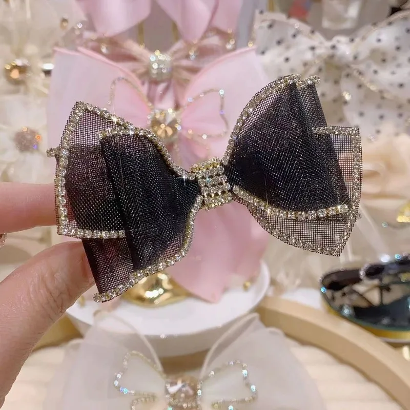 Korean Mesh Bow Rhinestone Hair Clips for Women Girls Elegant Hairpins Temperament Ponytail Clip Headdress Hair Accessories